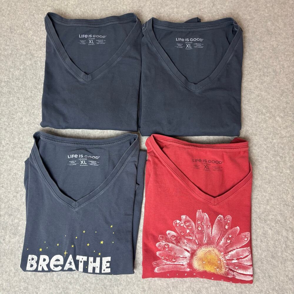 FOUR Life Is Good Women's V-Neck Navy Blue Red Crusher Tee Cotton - Size XL